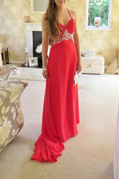 Coral chiffon v-neck beading long prom dress summer dress with straps