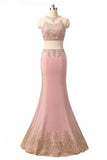 Elegant pink chiffon lace see-through two pieces evening formal dresses