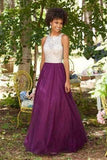 Purple Chiffon Round Neck Sequins Long Sleeveless Floor-Length Prom Dresses JS815