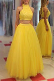 Yellow Tulle Two Pieces A Line Long Prom Dress Graduation Dresses