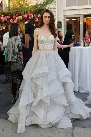 Gray tulle organza two pieces sweetheart A-line long prom dress