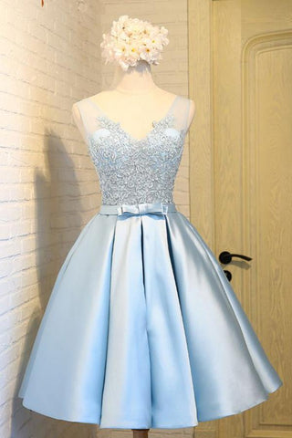 Sky Blue A-Line V-Neck Short Prom Dresses Appliques Lace Homecoming Dresses JS568