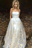 A-Line Strapless Lace Appliques Ivory Tulle Prom Dresses with Appliques Pockets JS819