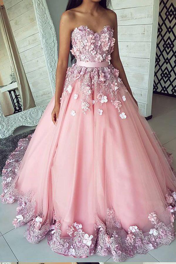 Ball Gown Pink Tulle Lace Applique Long Sweetheart Strapless Prom Dresses Evening Dresses JS255