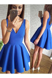Cute Royal Blue Satin A Line V-Neck Short Homecoming Dress with Ruched Graduation Dress JS567