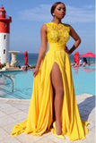 Sexy Elegant A line Yellow Chiffon Cap Sleeves Lace Evening Prom Dresses JS796