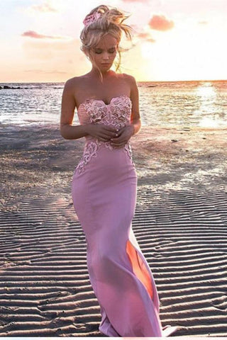 Sexy Mermaid Sweetheart Pink Strapless Satin Sleeveless Prom Dress with Applique Split JS804