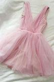 A Line Pink V Neck Tulle V Back Cute Short Prom Dresses Homecoming Dresses UK JS884