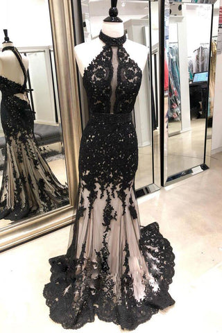 Black Lace Mermaid Long Tulle Halter Backless Beads Prom Dresses Cheap Evening Dresses JS224