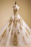 Elegant Gold Neck Tulle Strapless Sweetheart Lace Ball Gown Prom Dress Quinceanera Dress JS447