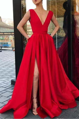 Red A Line Deep V Neck Split Prom Dresses with Pockets Strap High Slit Evening Dress JS481