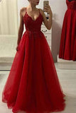 Red A Line Spaghetti Straps Beads Tulle Evening Dresses V Neck Long Prom Dress JS587