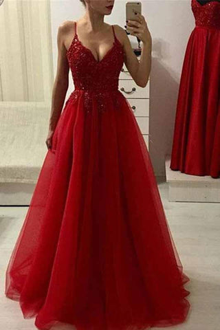 Red A Line Spaghetti Straps Beads Tulle Evening Dresses V Neck Long Prom Dress JS587
