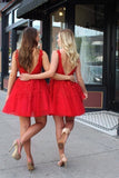 Cute Red Lace Appliques Homecoming Dresses V Neck Tulle Above Knee Short Prom Dress JS983