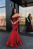 Red Mermaid Long V Neck Prom Dresses Off the Shoulder Evening Party Dresses JS472
