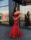 Red Mermaid Long V Neck Prom Dresses Off the Shoulder Evening Party Dresses JS472