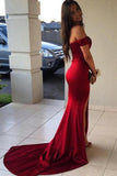 Red Mermaid Off the Shoulder Split Prom Dresses with V Neck Long Evening Dresses JS907