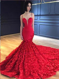 Red Mermaid Prom Dresses Spaghetti Straps V Neck Trumpet Rose Lace Evening Dresses P1044