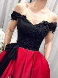 Red Off the Shoulder Satin Black Appliques V Neck Prom Dresses with Split Pockets JS646