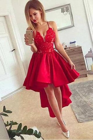 Red V Neck High Low Spaghetti Strap Lace Satin Party Dresses Homecoming Dresses H1309