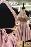 A Line Halter Open Back Chiffon Blush Pink Short Homecoming Dresses with Beading JS984