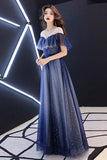 Romantic Scoop Lace up Prom Dresses Blue Floor Length Evening Dresses with Tulle P1052