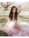 Round Neck Tulle Two Piece Pink Boho Prom Dresses W1094