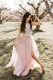 Round Neck Tulle Two Piece Pink Boho Prom Dresses W1094