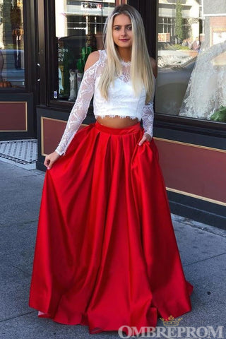 Round Neck Two Piece Long Sleeve Prom Dresses Lace Top Event Dresses