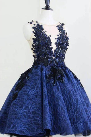 Royal Blue Lace Appliques Short Prom Dresses Vintage Above Knee Homecoming Dress JS953