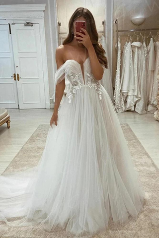 A-Line Tulle Applique Off-the-Shoulder Wedding Dresses Online