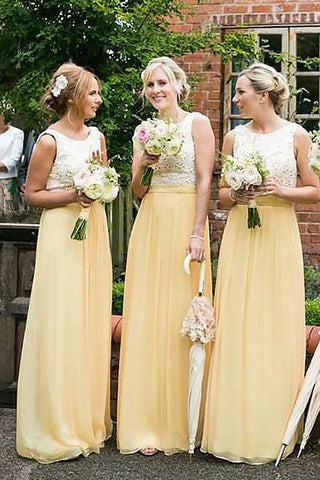 Elegant A-Line Princess Yellow High Neck Sleeveless Chiffon Prom Bridesmaid Dresses JS510