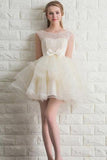 Scoop Neck Lace Tulle Bowknot Organza Lace up Short Prom Dress Homecoming Dresses JS941