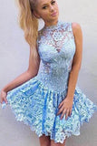 Cute A Line High Neck Blue Lace Appliques Illusion Short Cheap Homecoming Dresses JS892