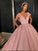 Chic Ball Gown Straps Pink Cap Sleeve Sparkly V Neck Beads Quinceanera Dress with Pockets JS228