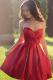 Sweetheart Simple Pleated Red Strapless Satin Party Dresses Short Homecoming Dresses JS915
