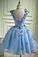 A Line Sky Blue V Neck Lace up Junior Cute Homecoming Dress with Butterfly Flowers JS781