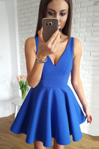 Cute Royal Blue Satin A Line V-Neck Short Homecoming Dress with Ruched Graduation Dress JS567