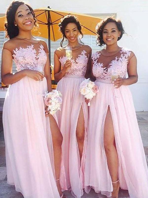 A-Line Pink Princess High Slit Scoop Sleeveless Lace Applique Chiffon Bridesmaid Dresses JS316