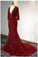 Sexy Mermaid 3/4 Sleeve V Neck Open Back Beads Burgundy Long Cheap Prom Dresses uk PW258