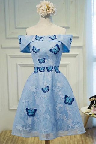 Cute A Line Sky Blue Lace Butterfly Appliques Off the Shoulder Homecoming Dresses JS977