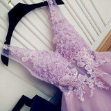 A Line V Neck Lace Appliques Lilac Short Beading Tulle Sleeveless Homecoming Dresses JS976