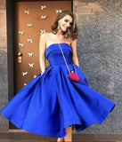 Royal Blue Satin Strapless Ball Gowns Tea Length Short Prom Dress Homecoming Dresses JS09
