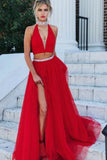 A Line Red Two Pieces V Neck Beads High Neck Slit Tulle Long Prom Dresses JS57
