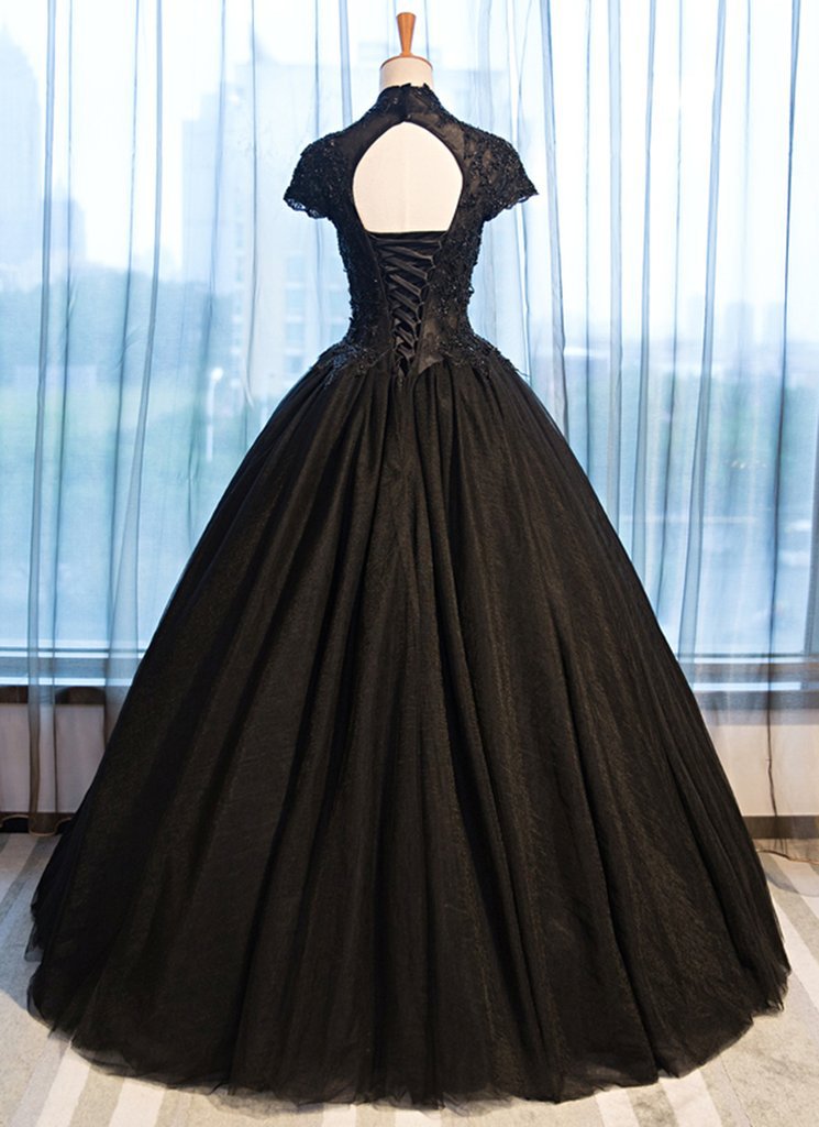 Black Tulle Cap Sleeve Long High Neck Beads Ball Gown Open Back Prom Dresses JS103