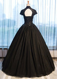Black Tulle Cap Sleeve Long High Neck Beads Ball Gown Open Back Prom Dresses JS103