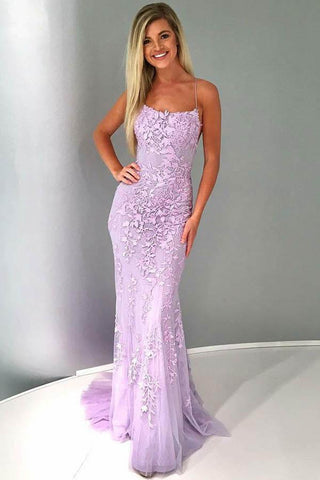 Sexy Mermaid Spaghetti Straps Lilac Tulle Lace Prom Evening Dresses with Appliques JS73