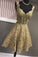 Cute A Line Gold V Neck Lace Appliques Short Prom Dresses Homecoming Dresses JS888