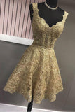 Cute A Line Gold V Neck Lace Appliques Short Prom Dresses Homecoming Dresses JS888