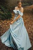 Satin Light Blue Prom Gowns with Folded Neckline Sweetheart Long Prom Dresses JS485